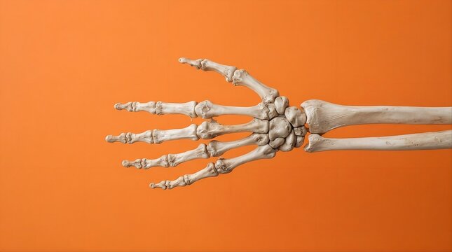 Realistic human skeleton hand and forearm bones on solid orange background with copy space