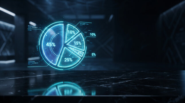 Futuristic pie chart visualizing financial data on a sleek reflective surface
