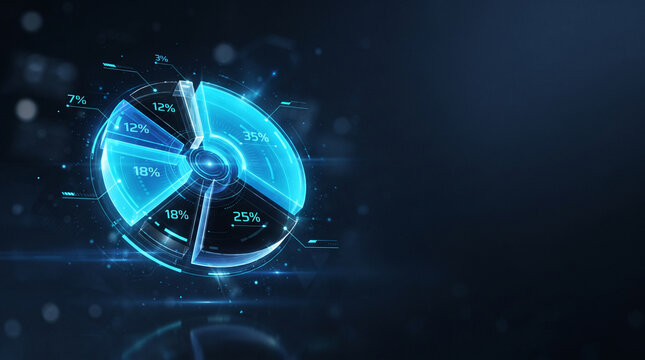 Futuristic holographic pie chart displaying financial data with percentages