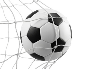Fototapeta premium Soccer Ball Hitting Goal Net Isolated on Transparent Background PNG for Scoring Concept