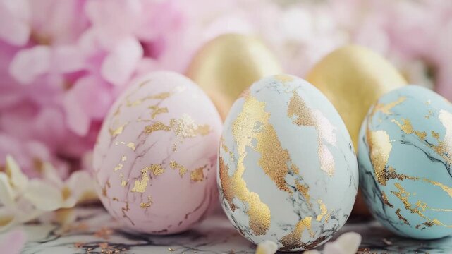 Decorated Easter Eggs with Gold Marble Texture and Pastel Colors