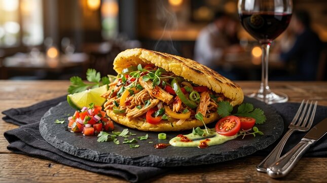 A close-up shot of a chicken tinga taco on a dark slate plate.