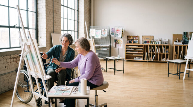 Two women painting together in a light-filled art studio with easels and supplies