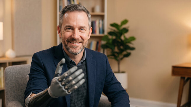 Man with prosthetic arm smiling and reaching out in office