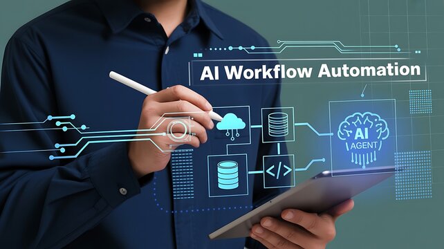 Person using a tablet with AI Workflow Automation interface, featuring AI agent, data ingestion, model training, and deployment icons.