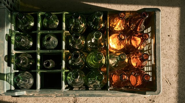 Overhead view of returned glass bottles standing sorted by colour in a calm balanced composition with room for text