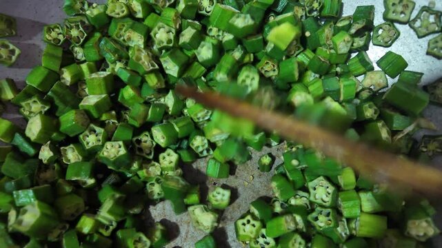 Fresh Okra Fry Preparation in Kitchen