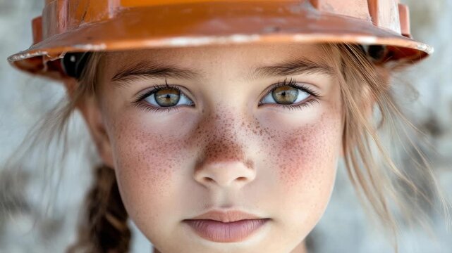 Portrait of a Girl with Freckles Wearing an Orange Construction Hard Hat