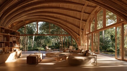 Fototapeta premium Sunlit residential living room featuring biophilic curved bamboo detailing with a clean modern look and quiet negative space