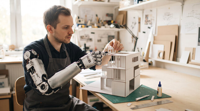 Architect with robotic arm building architectural model in workshop
