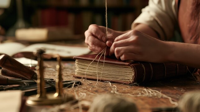 Traditional bookbinder hand sewing the spine of a leather bound volume in a calm balanced composition with room for text