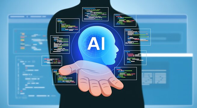 Programmer hand holding AI agent hologram. Artificial intelligence software projects code generation network for intelligent application development, automated test analysis, and system workflow.
