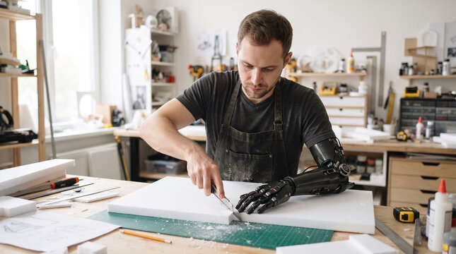 Craftsman with prosthetic arm cutting foam in workshop