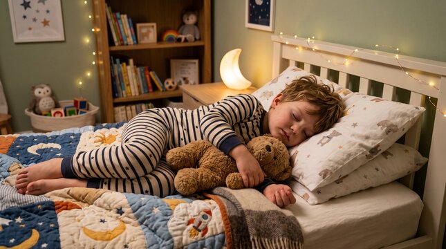 Little Boy Sleeping Peacefully with Teddy Bear in Cozy Bedroom