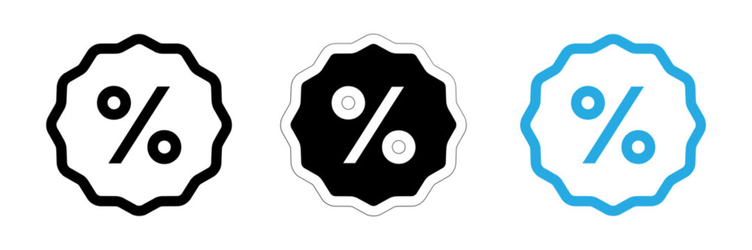 Set of three decorative percentage discount tags in black and blue colors for retail sales and marketing