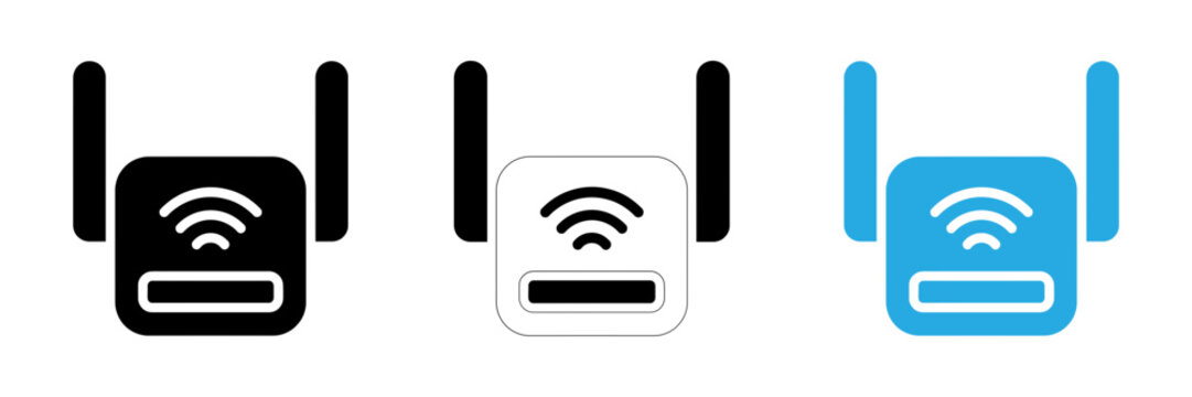 Set of three wifi range extender icons in black white and blue colors for network connectivity