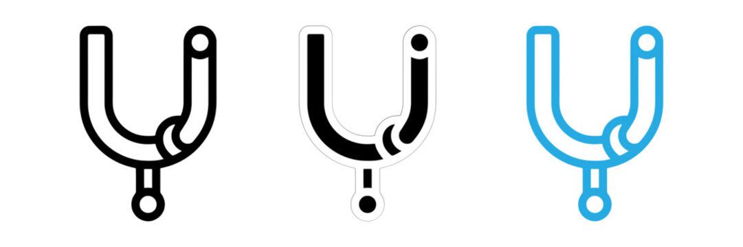 Set of three tuning fork icons representing musical pitch and sound frequency measurement in different graphic design styles