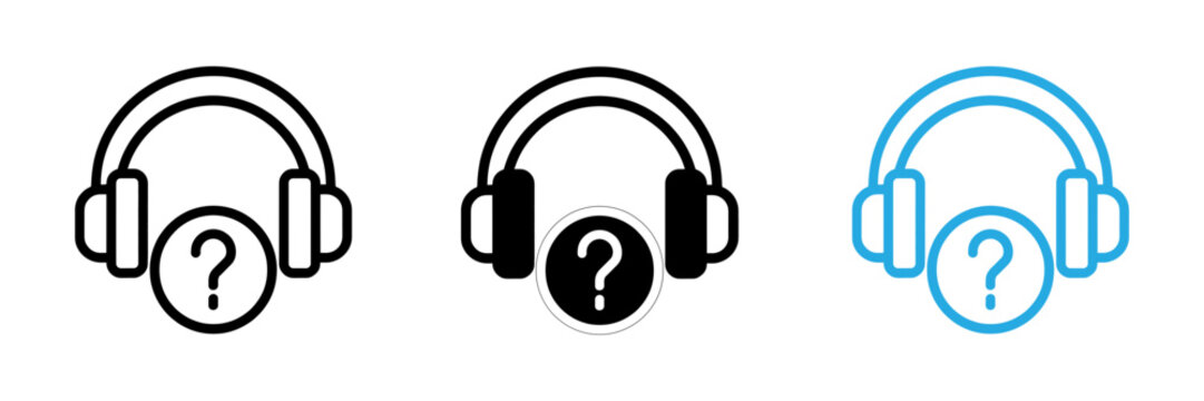 Set of three headphone icons with question marks representing customer support and technical help desk services