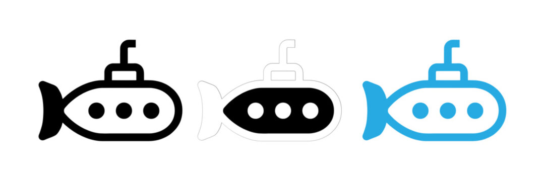 Set of three submarine icons featuring solid black outline and blue variations for modern graphic design projects
