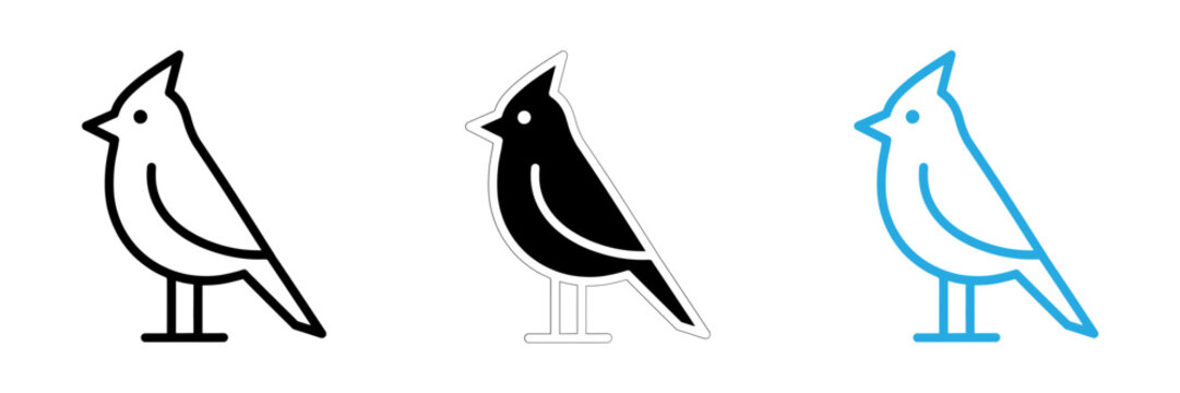 Set of three stylized bird icons featuring a minimalist crested bird design in black and blue colors