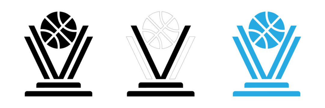 Set of three basketball championship trophy icons in black outline and blue styles for sports design