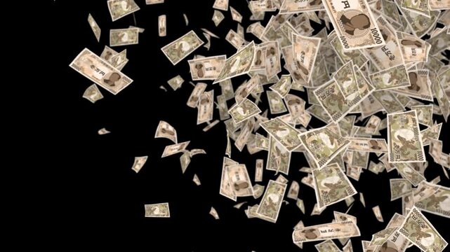 たくさんの日本の1万円札紙幣風のイラストが画面を横切り飛んでいく透過トランジションワイプ