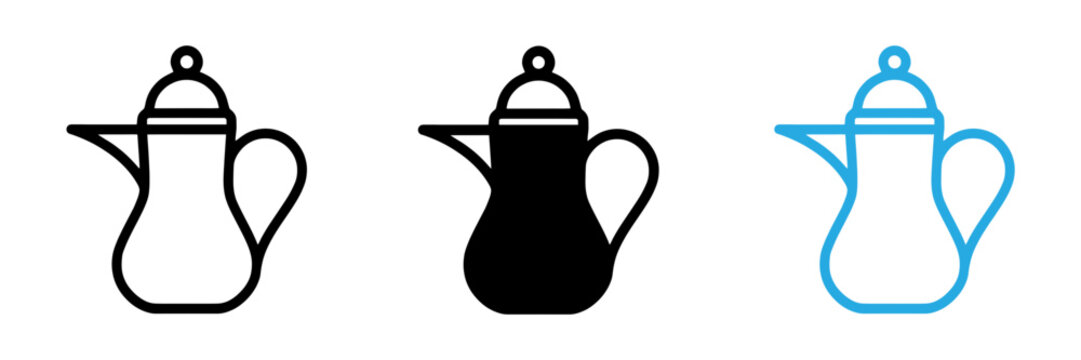 Set of three traditional arabic coffee pot icons in black and blue outline and solid styles
