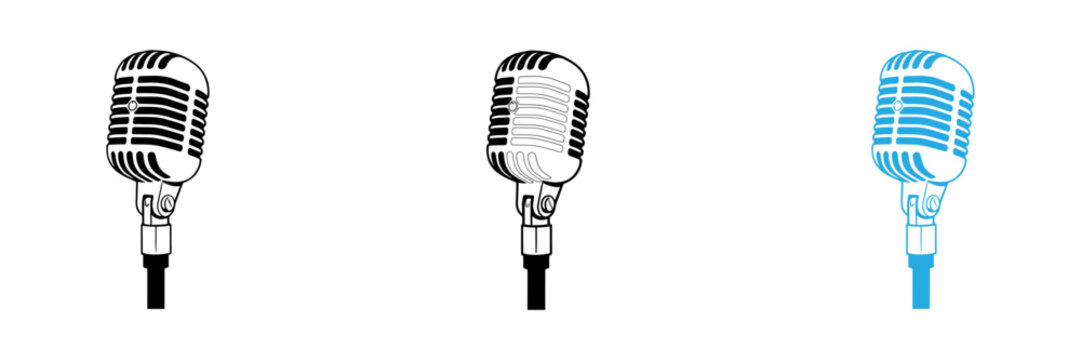 Set of three vintage style microphones in black and blue colors isolated on a white background