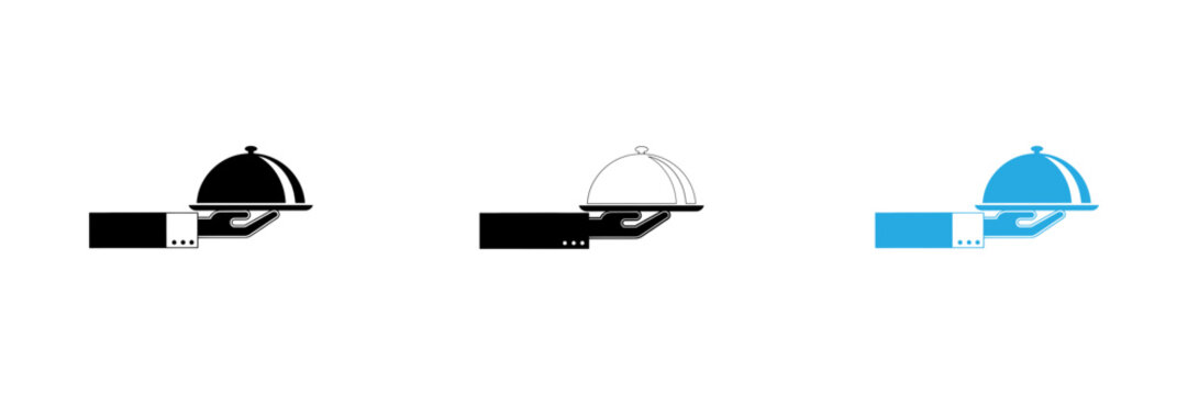 Set of waiter hand holding a food serving cloche tray icons in black and blue color variations