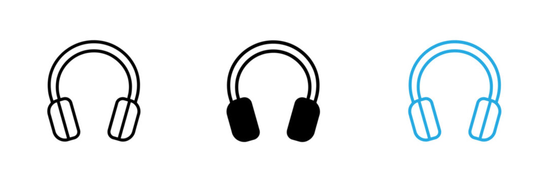 Set of three modern headphone icons featuring outline and solid styles for audio and music design projects