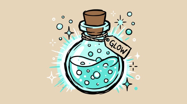 Magic glowing potion bottle with turquoise elixir and sparkle effects on beige background