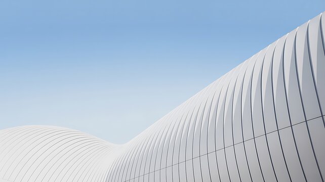 Abstract 3D white architectural wave background. Minimalist parametric geometric structure under clear blue sky, perfect for luxury real estate banners and modern corporate backdrop design