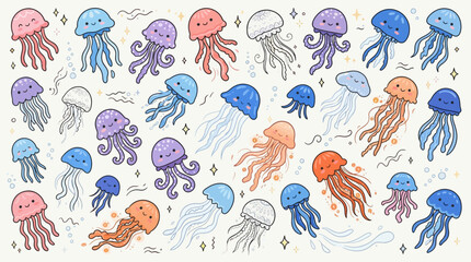 Obraz premium Cute Colorful Jellyfish Pattern Vector Illustration with Hand Drawn Sea Life Cartoon Characters