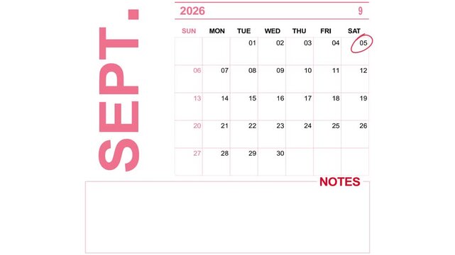 pink calendar september 5, 2026 on white background
