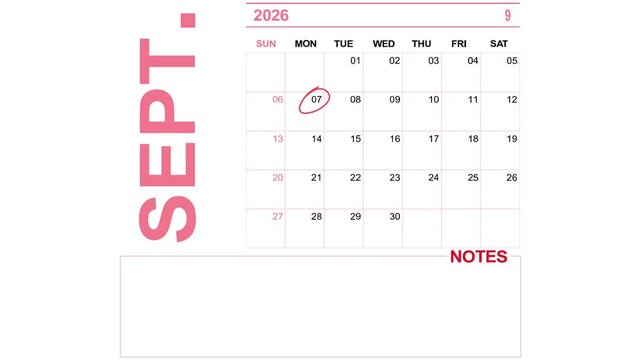 pink calendar september 7, 2026 on white background