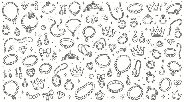 Jewelry doodle collection with necklaces rings crowns and diamonds in sketchy line art style