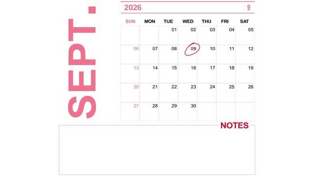 pink calendar september 9, 2026 on white background