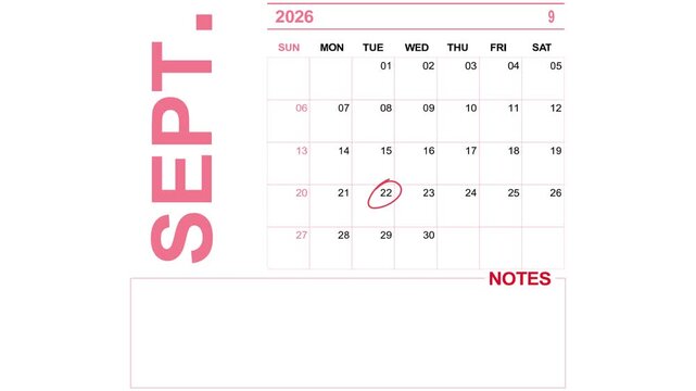 pink calendar september 22, 2026 on white background