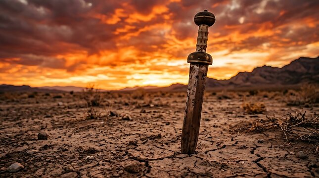 Ancient Roman gladius sword stuck in parched cracked desert earth under dramatic golden sunset sky representing historical conquest power and end of an empire photography landscape shot