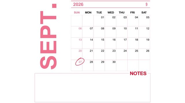 pink calendar september 27, 2026 on white background