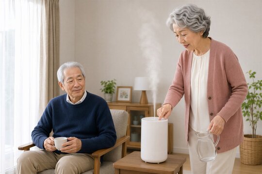 冬の乾燥対策で加湿器を使う日本人シニア夫婦