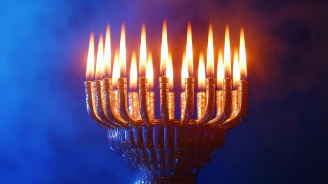 Hanukkah Menorah with Lit Candles on Blue Background