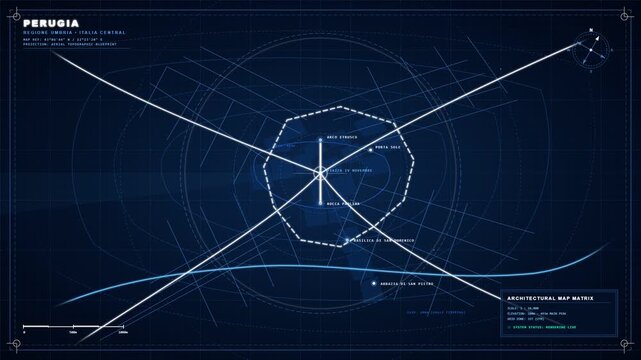 Animated Blueprint Map of Perugia Italy Aerial View with Ink Reveal Mask HUD Grid and Radar Loop