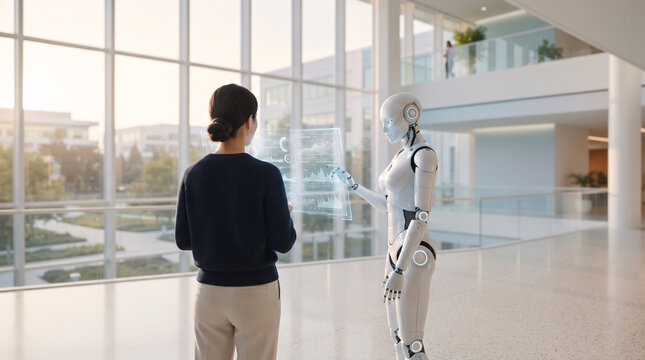 Robot and businesswoman interact with futuristic holographic data interface in modern office