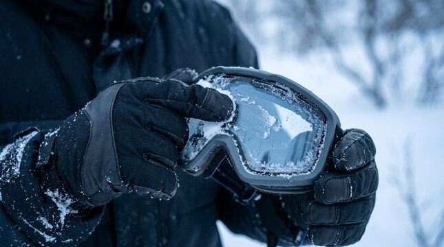 Gloved hands wiping snow from ski goggles