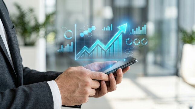 Businessman using mobile phone with digital growth graph overlay for financial success