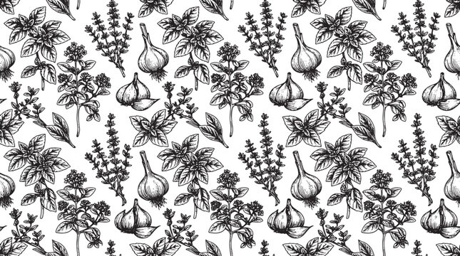Hand drawn seamless pattern with garlic bulbs and fresh herbs in a vintage engraving style illustration