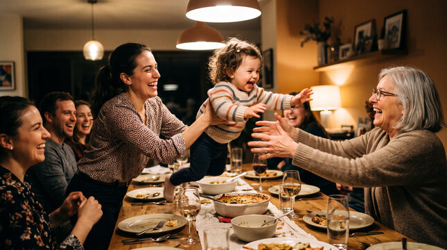 Family passing toddler across dinner table