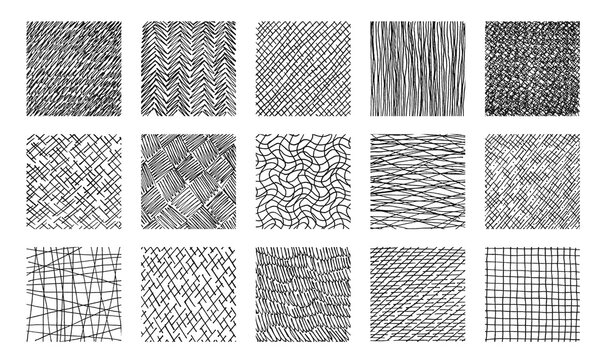 Line crosshatch pattern, hand drawn set of cross hatch textures featuring line hatching grids, scribbles and woven motifs for backgrounds. Vintage grunge pen sketch, abstract doodle drawing lattice