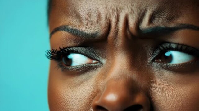 Extreme close-up of a woman's face with a furrowed brow and intense expression